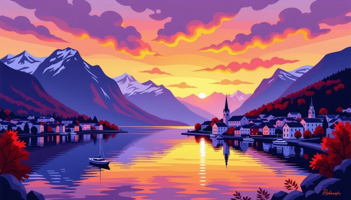 Autumn Harbour Scene with Mountains and Village