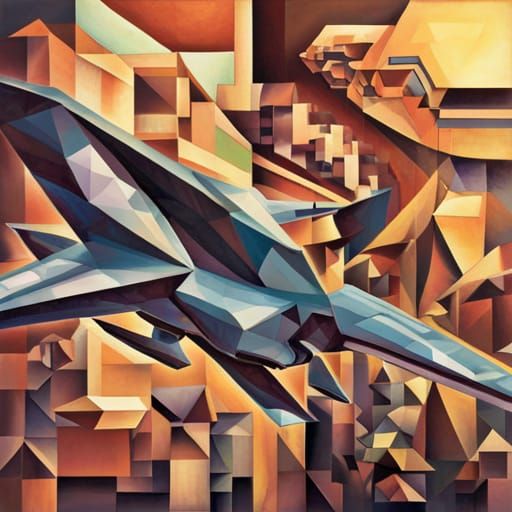 Cubist Flying Machine Backpack Over Village