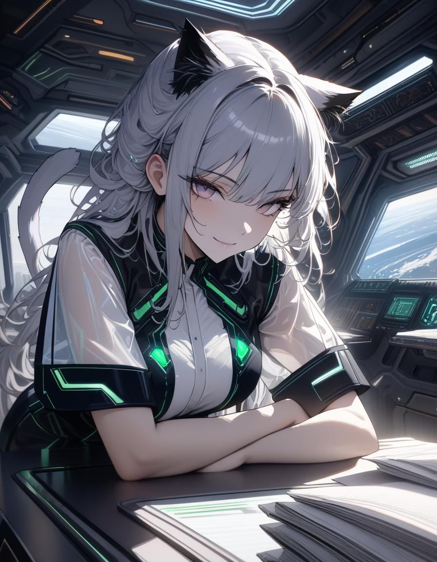 Sci-Fi Catgirl in Spaceship Command Center