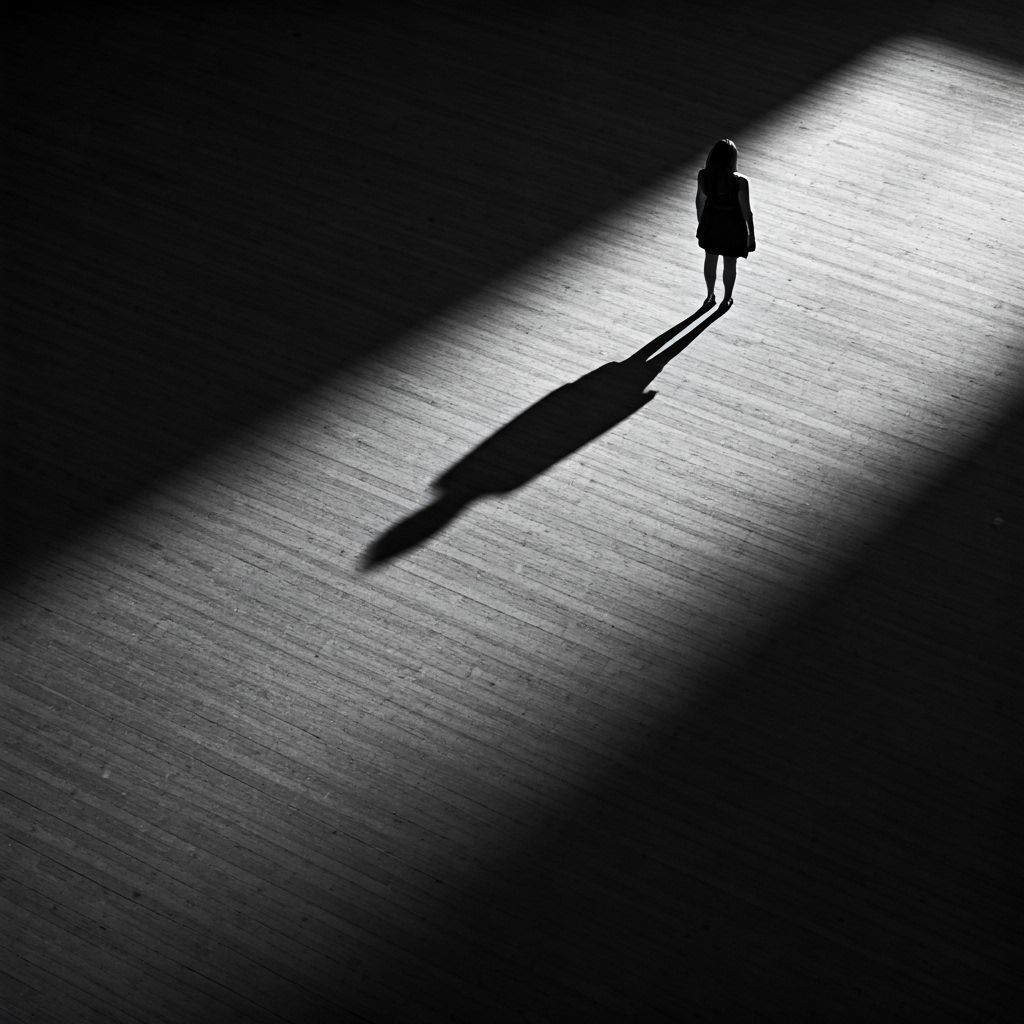 Black and white only, a tiny figure of a woman in the top ri...