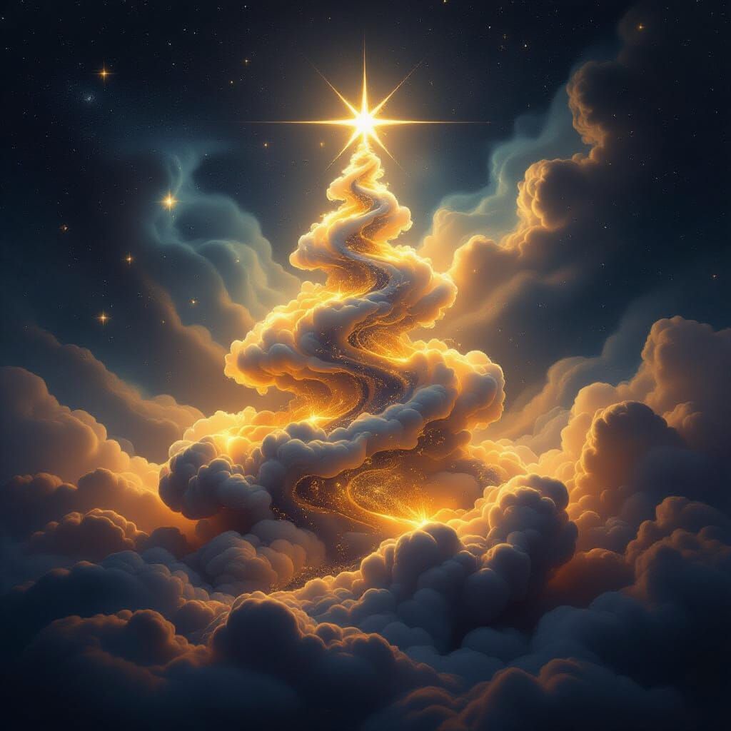 Cosmic Christmas Tree Silhouette in Gold and Silver Mist