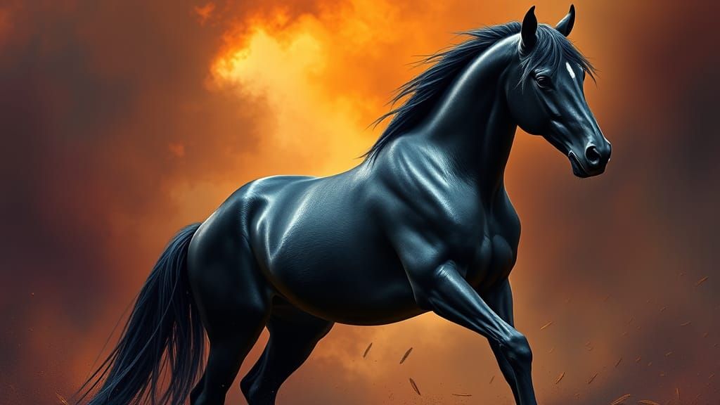 Majestic Black Stallion with Flowing Mane and Tail