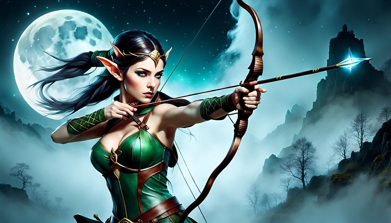 Gorgeous Elf Archer in Psychedelic Tonalist Style
