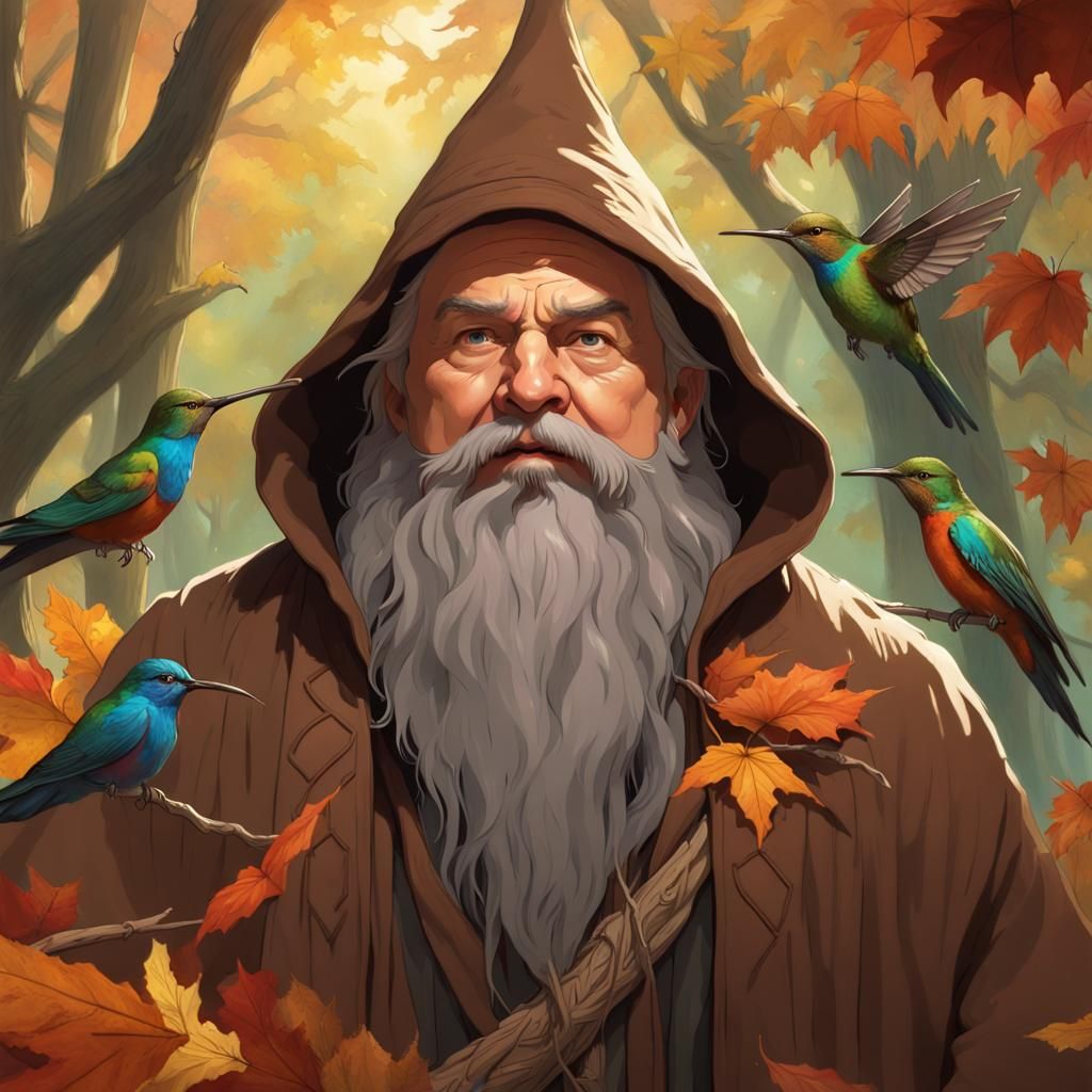Surprised Wizard in Autumnal Forest, Hyperdetailed Art