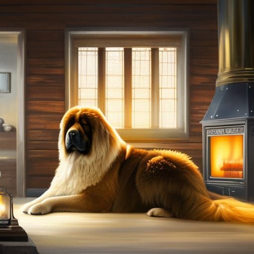 Tibetan Mastiff Sleeps by Cozy Fireplace: Digital Art