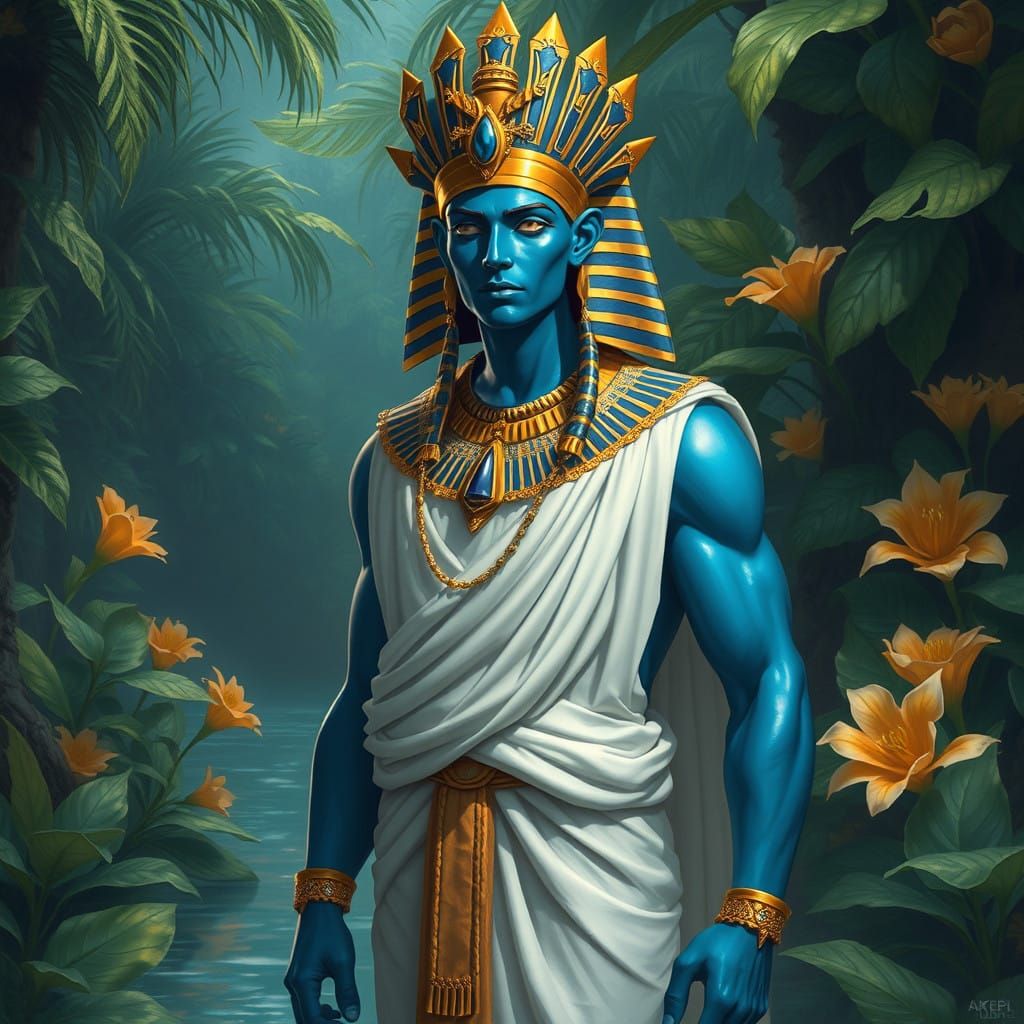 Egyptian God Hapi in Vibrant Riverbank Paradise