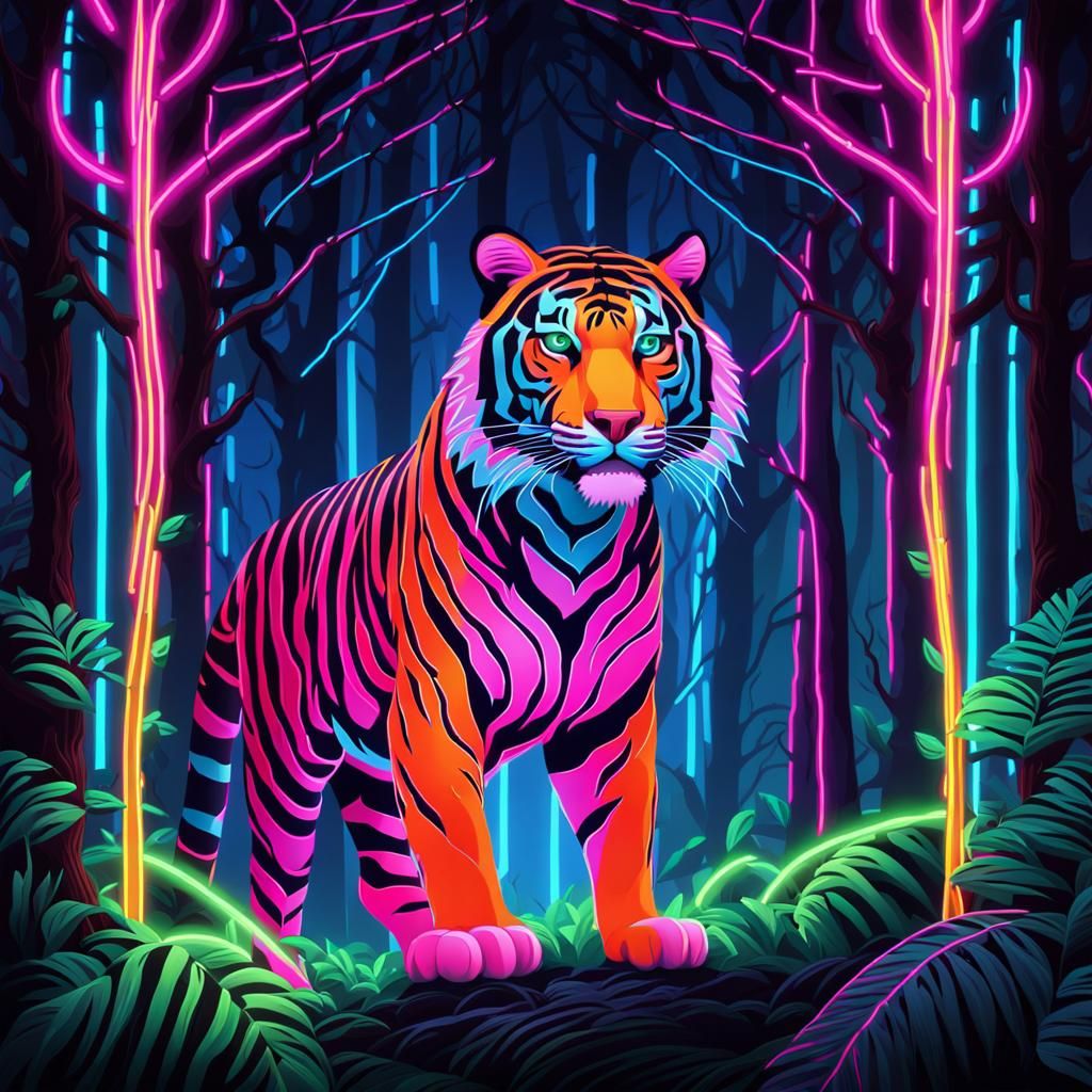 Neon Tiger in Dark Forest: A Futuristic Vision