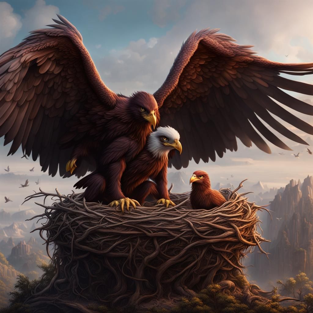 Giant Eagle Protecting its Baby: Detailed Matte Painting