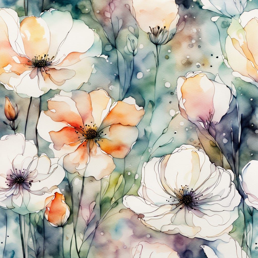 Vibrant Translucent Flowers in Watercolor and Ink