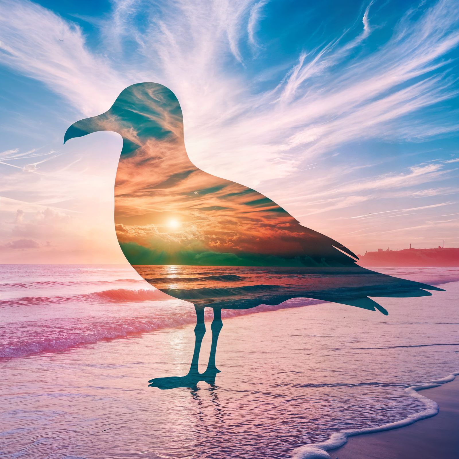 Surreal Double Exposure Seagull Dances Amidst Sunset Waterco...