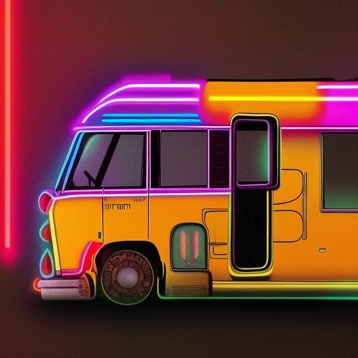 Cyberpunk Hippie Bus in Neon Cityscape