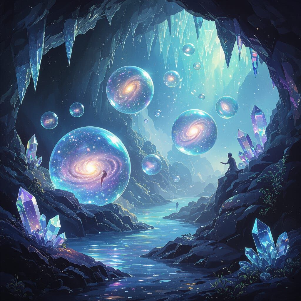 Bioluminescent Cave with Miniature Galaxies: Impressionistic...