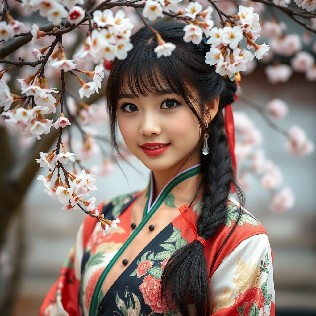 Chinese Girl Adorns Cherry Blossom Trees