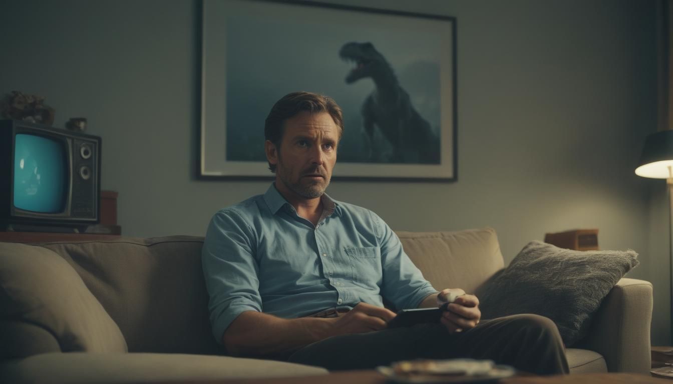 Man Struggles to Watch TV: Cinematic Film Still