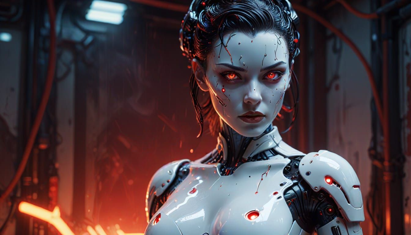 Cyberpunk Gynoid Poses in Pinup Style with Glowing Red Eyes