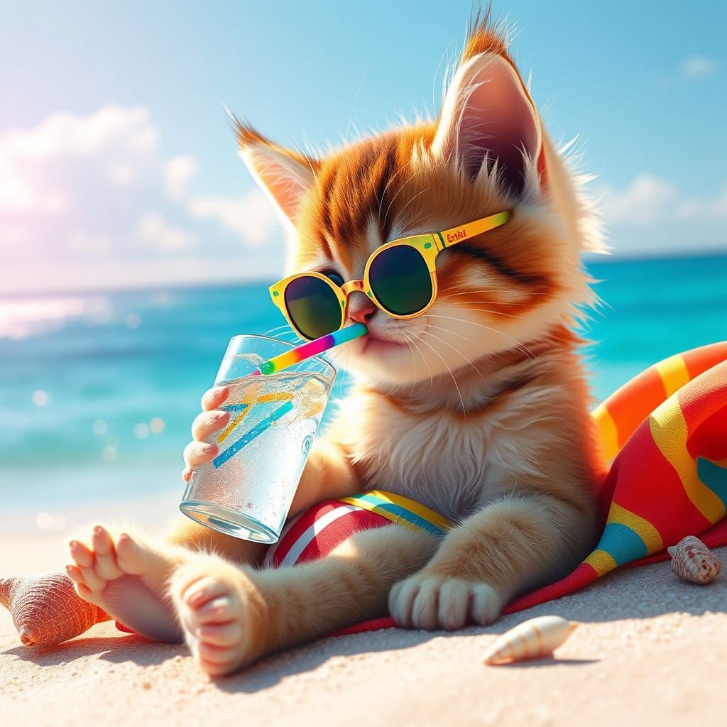 Kitten Beachside Oasis in Vibrant, Detailed Style