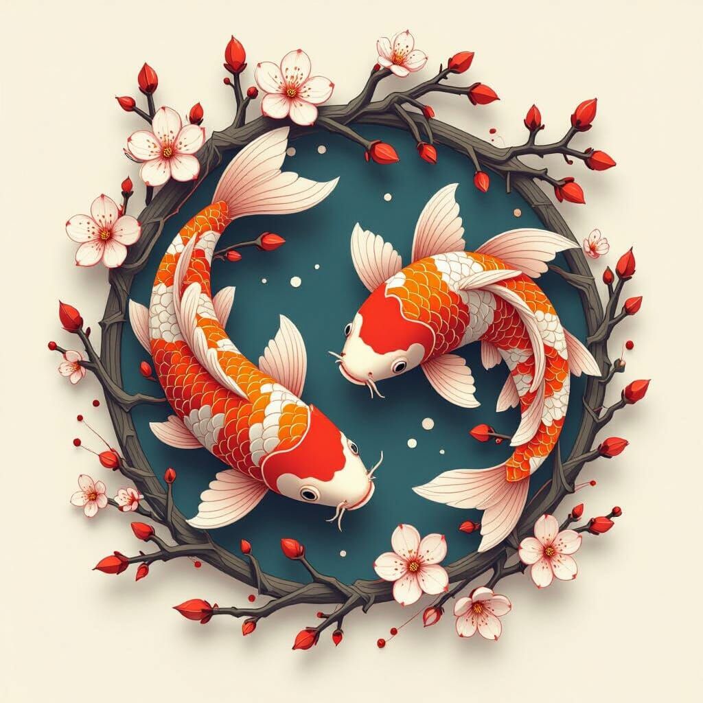 Koi Fish Cherry Blossom Branch Line Art