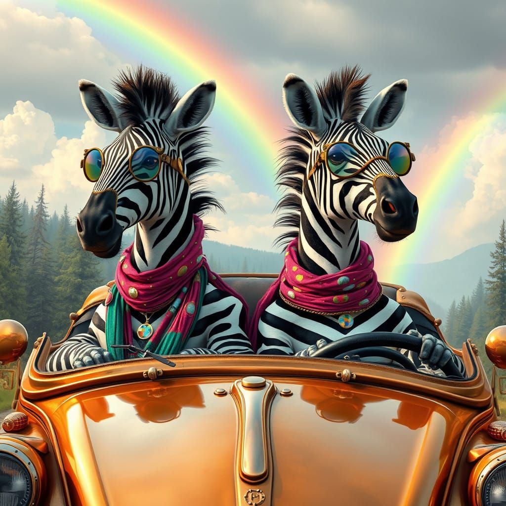 Zebras in Whimsical Steampunk Cabriolet, Driven through a Ma...