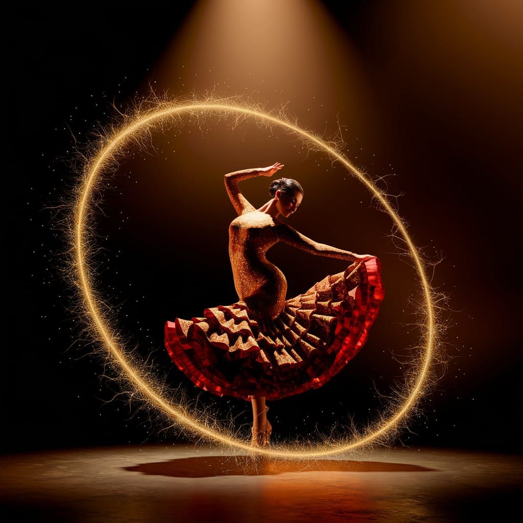 Flamenco Dancer in Fire Red and Gold with Glowing Sparks