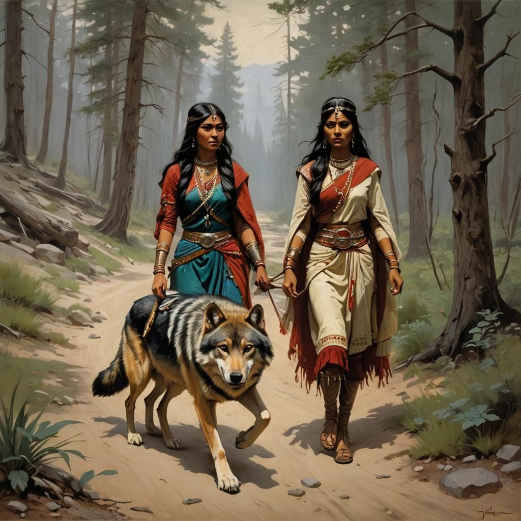 Indian Princess and Wolf: Oil Painting