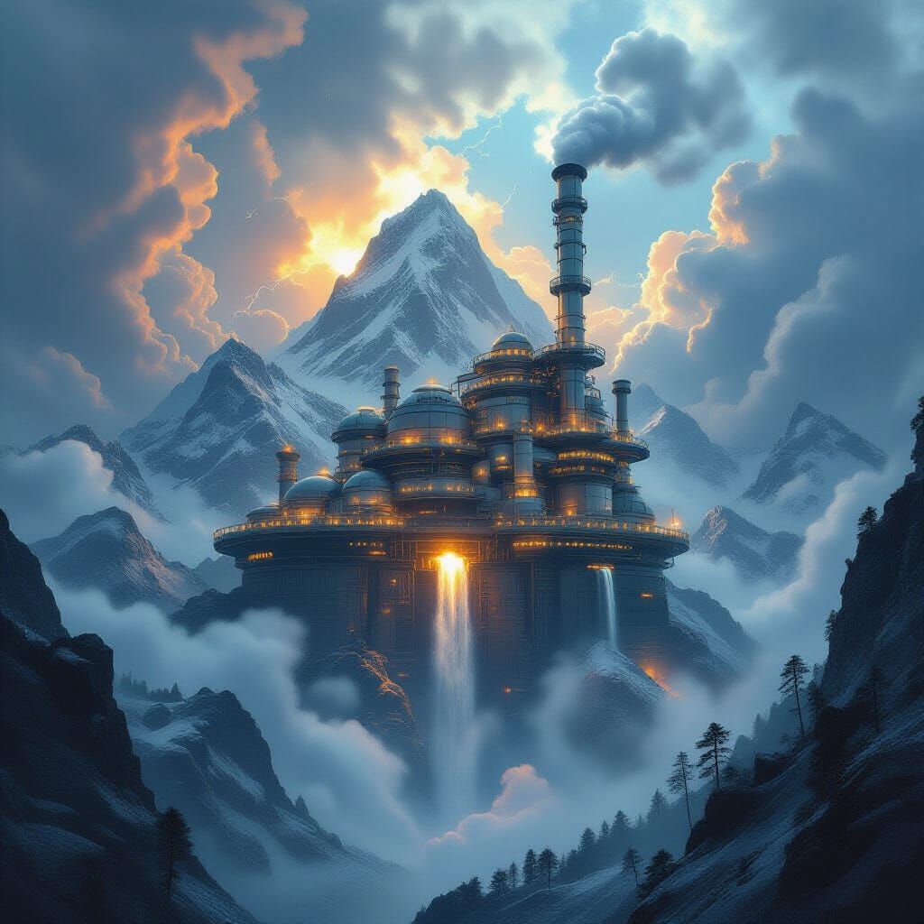 Steampunk Mountain Mining Machine in Dramatic Storm