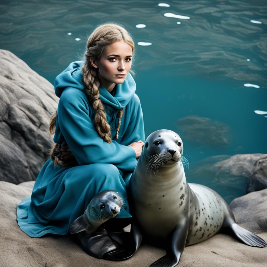 A young selkie girl with a calm expression sitting with her seal friend