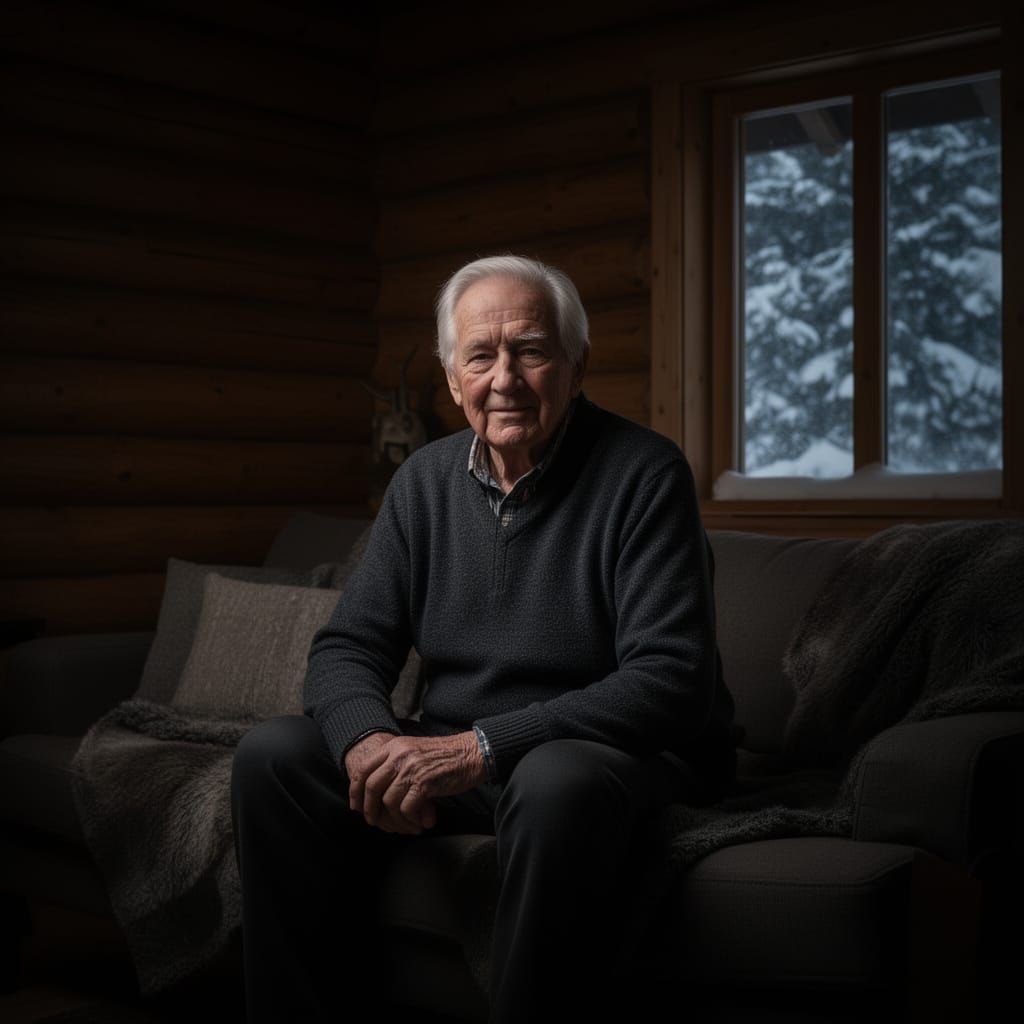 Authentic Studio Portrait of Elderly Man in Log Cabin