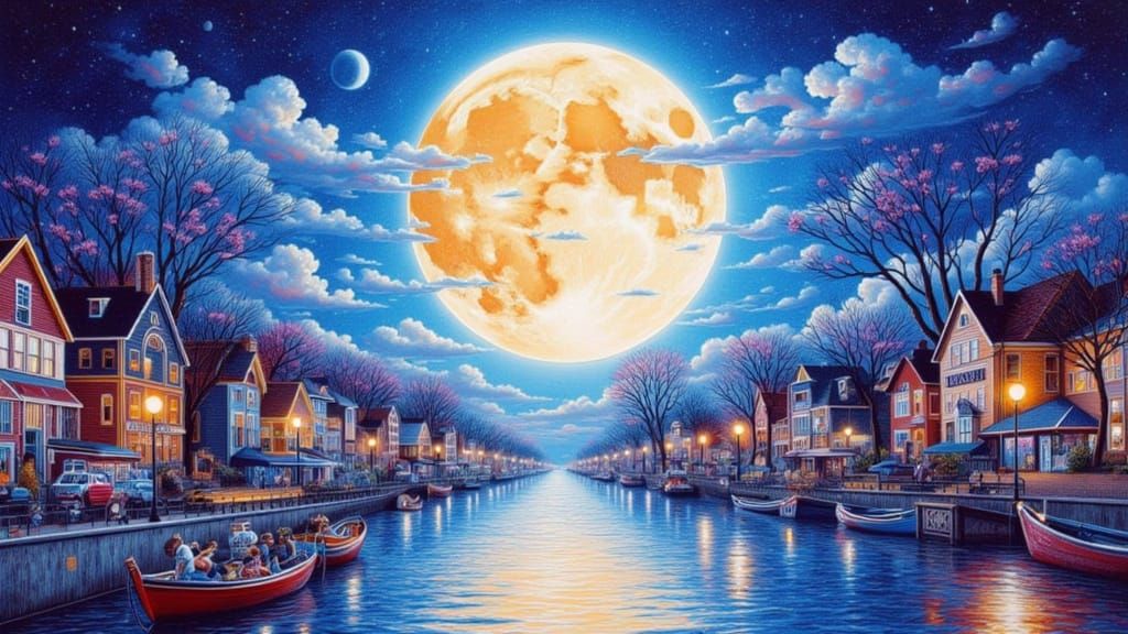 Surreal Full Moon Dreamscape in Watercolor