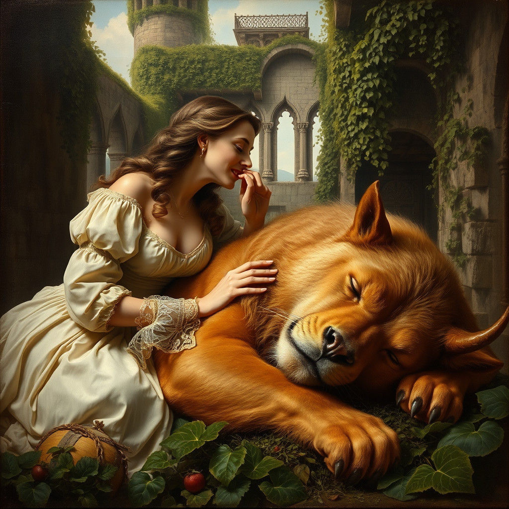 Elegant Lady Kisses Slumbering Beast in Ruins of a Medieval...