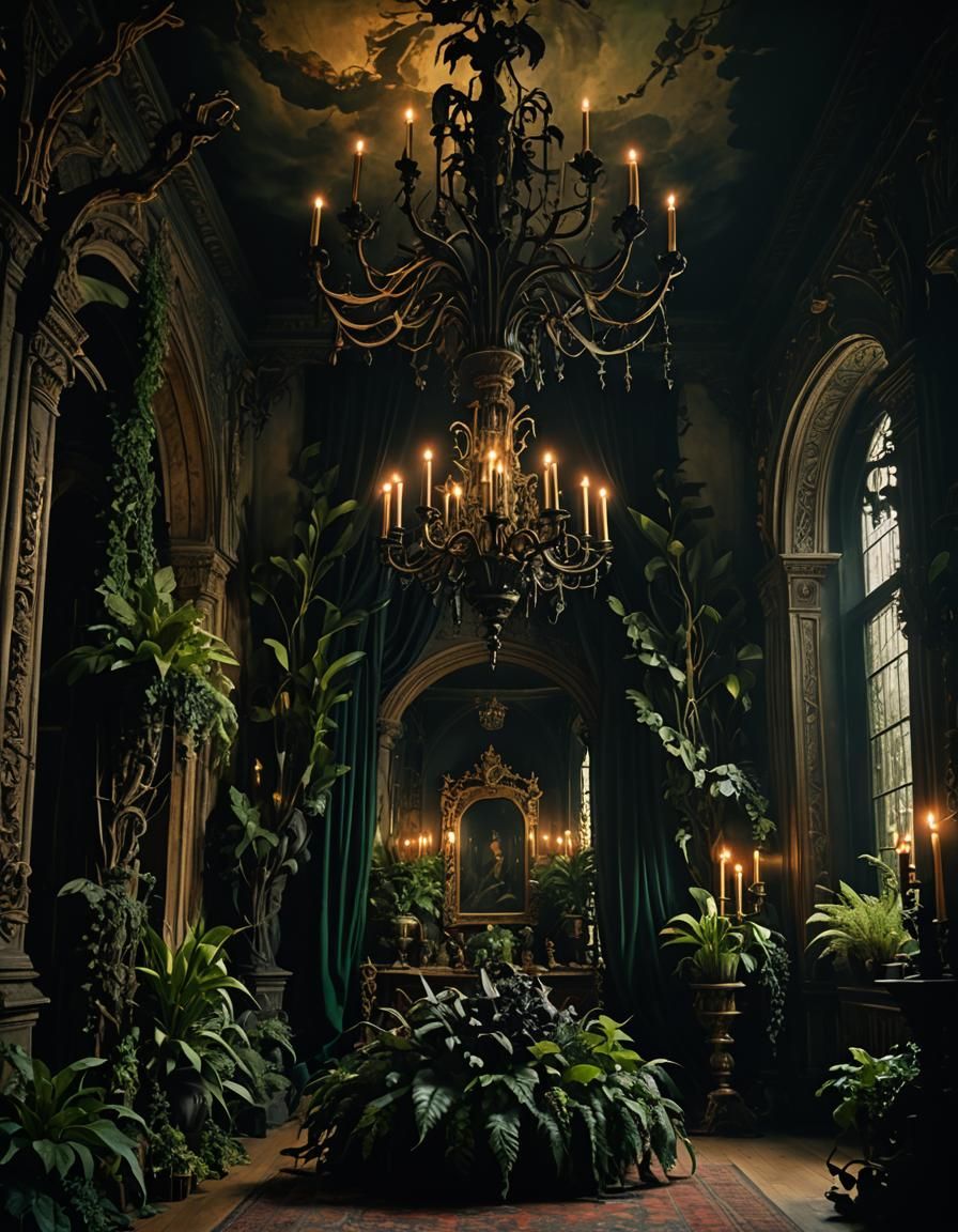 Gothic Bedroom with Black Plants in Odilon Redon Style