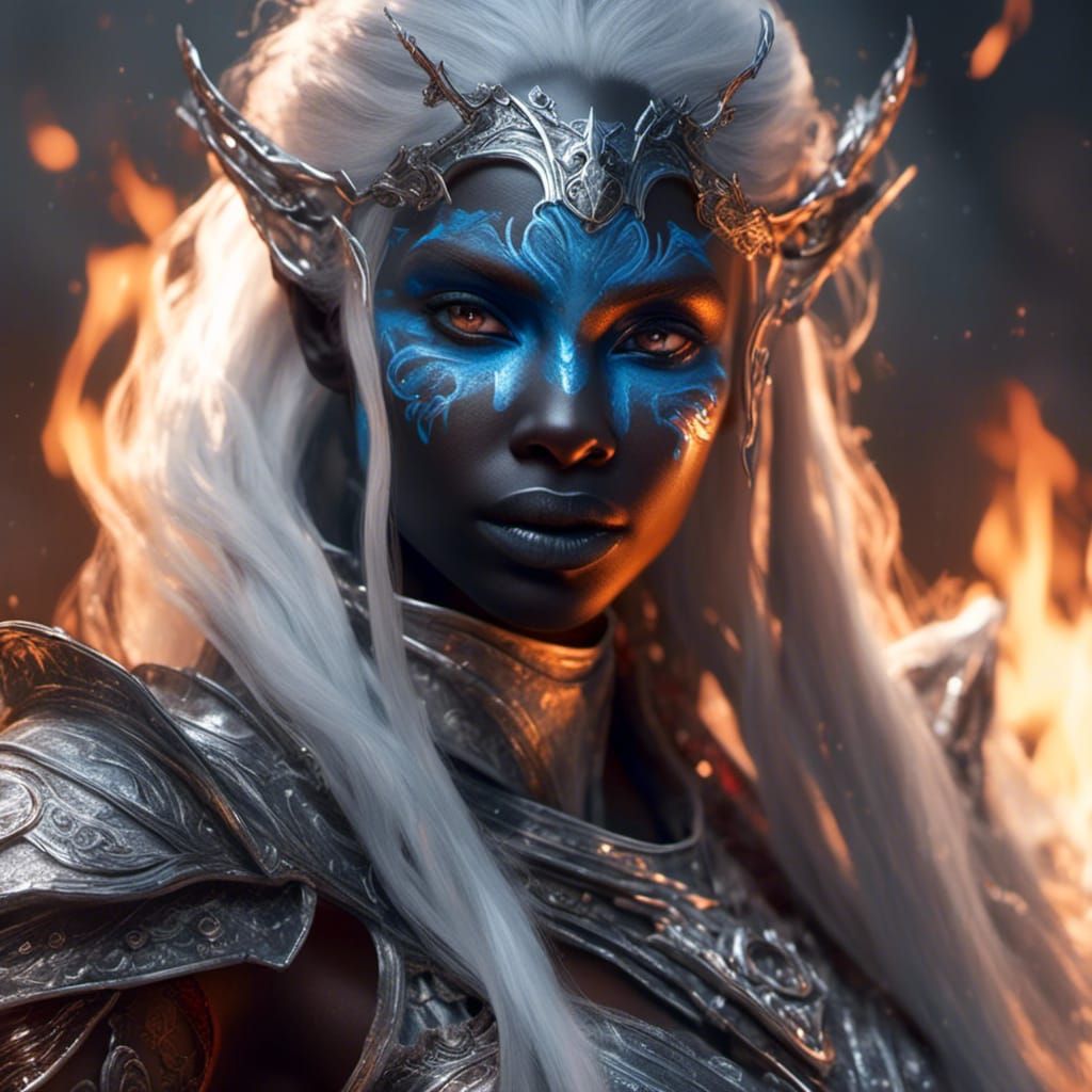 Beautiful Drow Gazing into Fire, Hyperrealistic