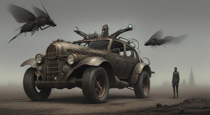 Steampunk Four-Legged Car in Post-Apocalyptic Style