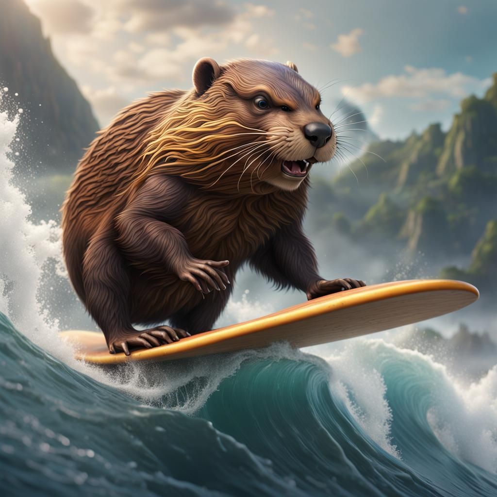 Beaver Surfing on Longboard: Detailed Matte Painting