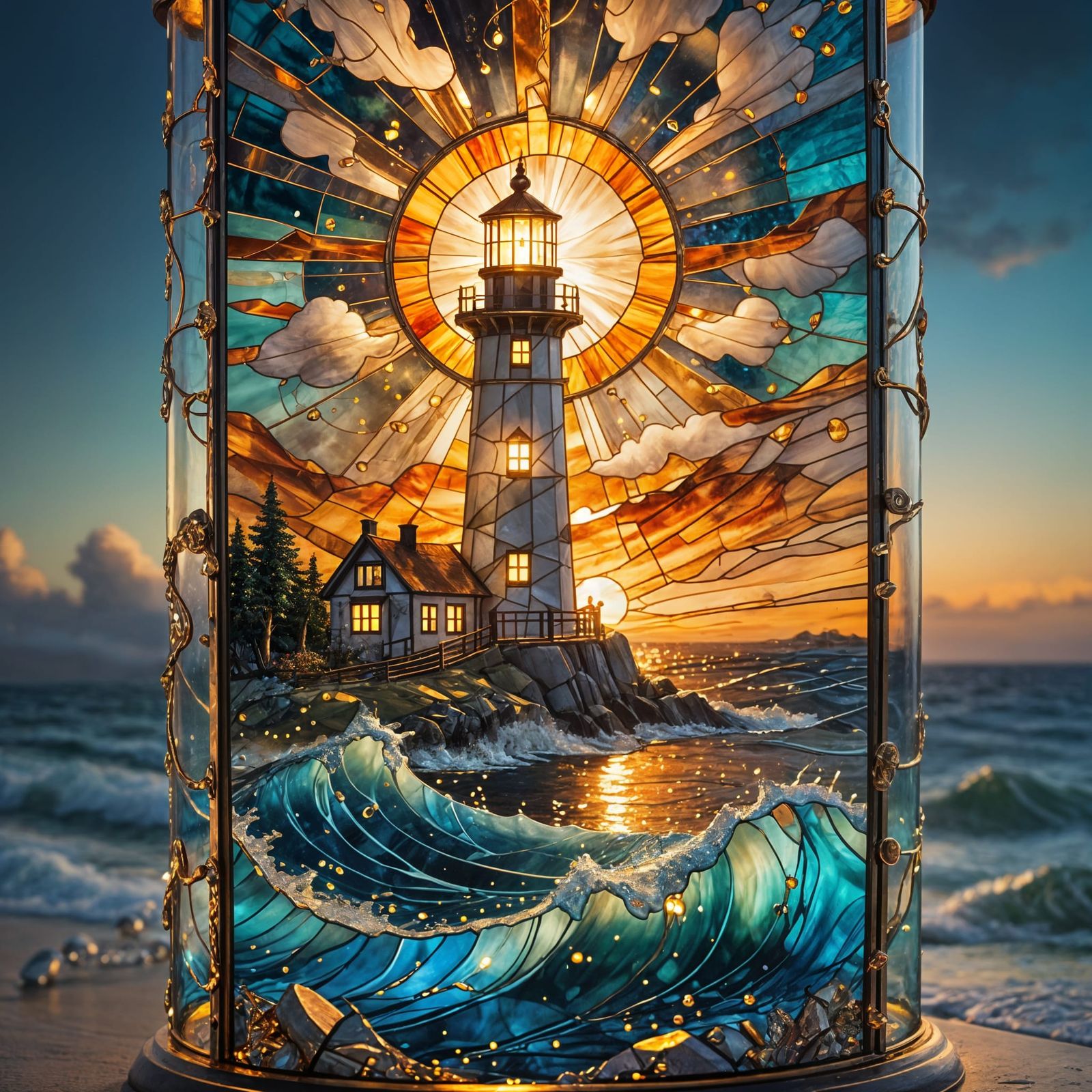 Lighthouse Beacon Shimmers in Stained Glass