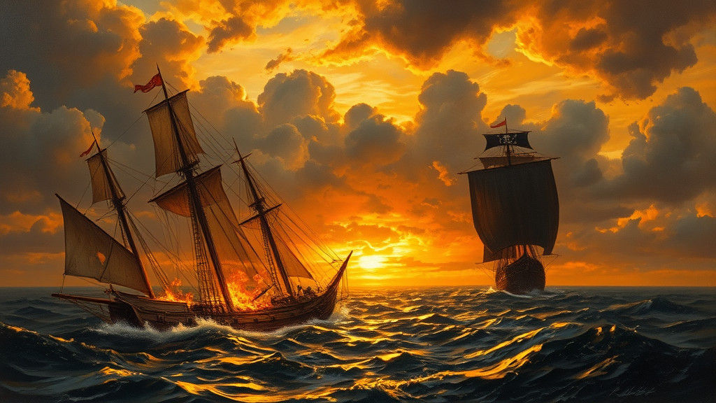 Burning Ship Sinks as Pirates Flee: Oil Painting