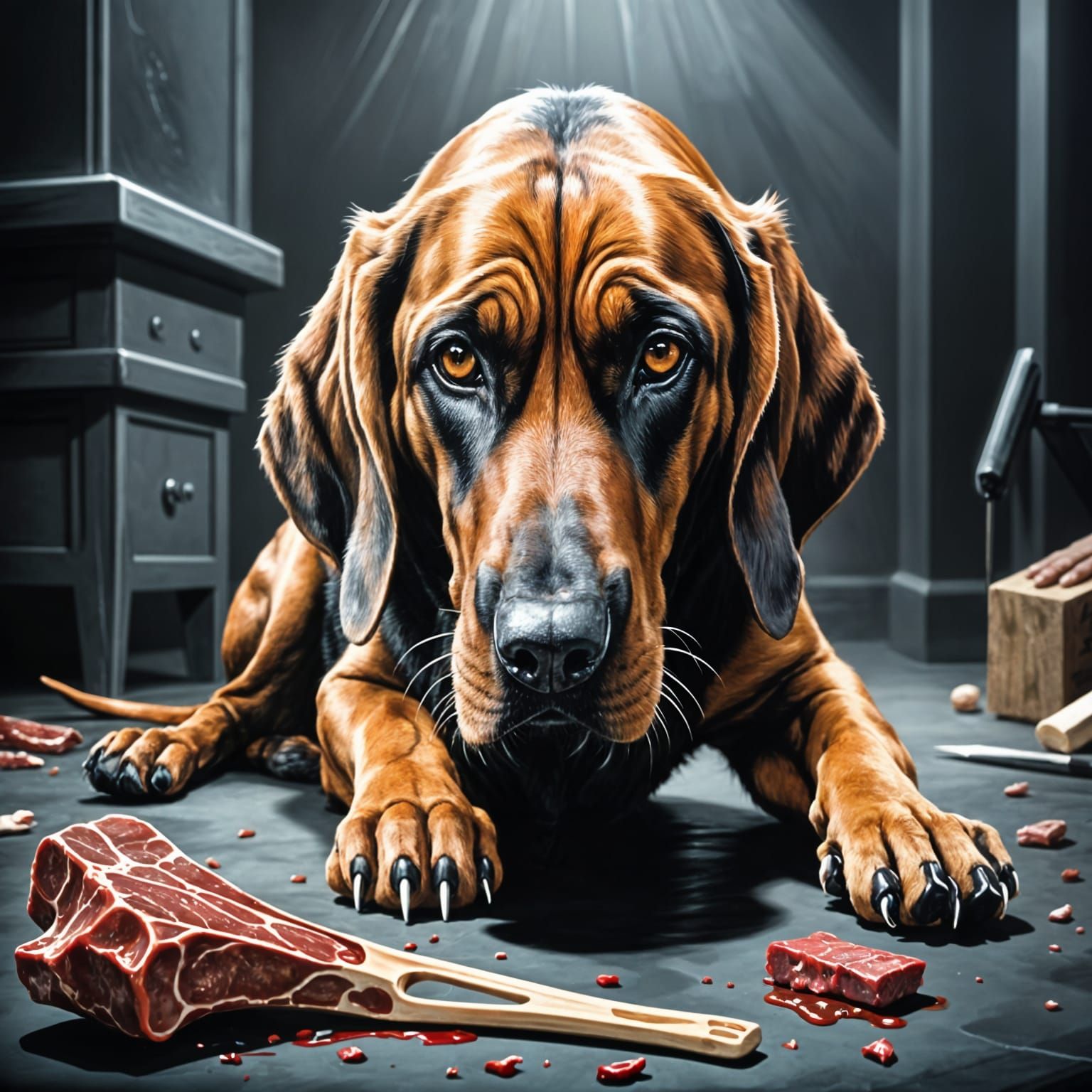 Bloodhound Investigates Bone in Noir Illustration