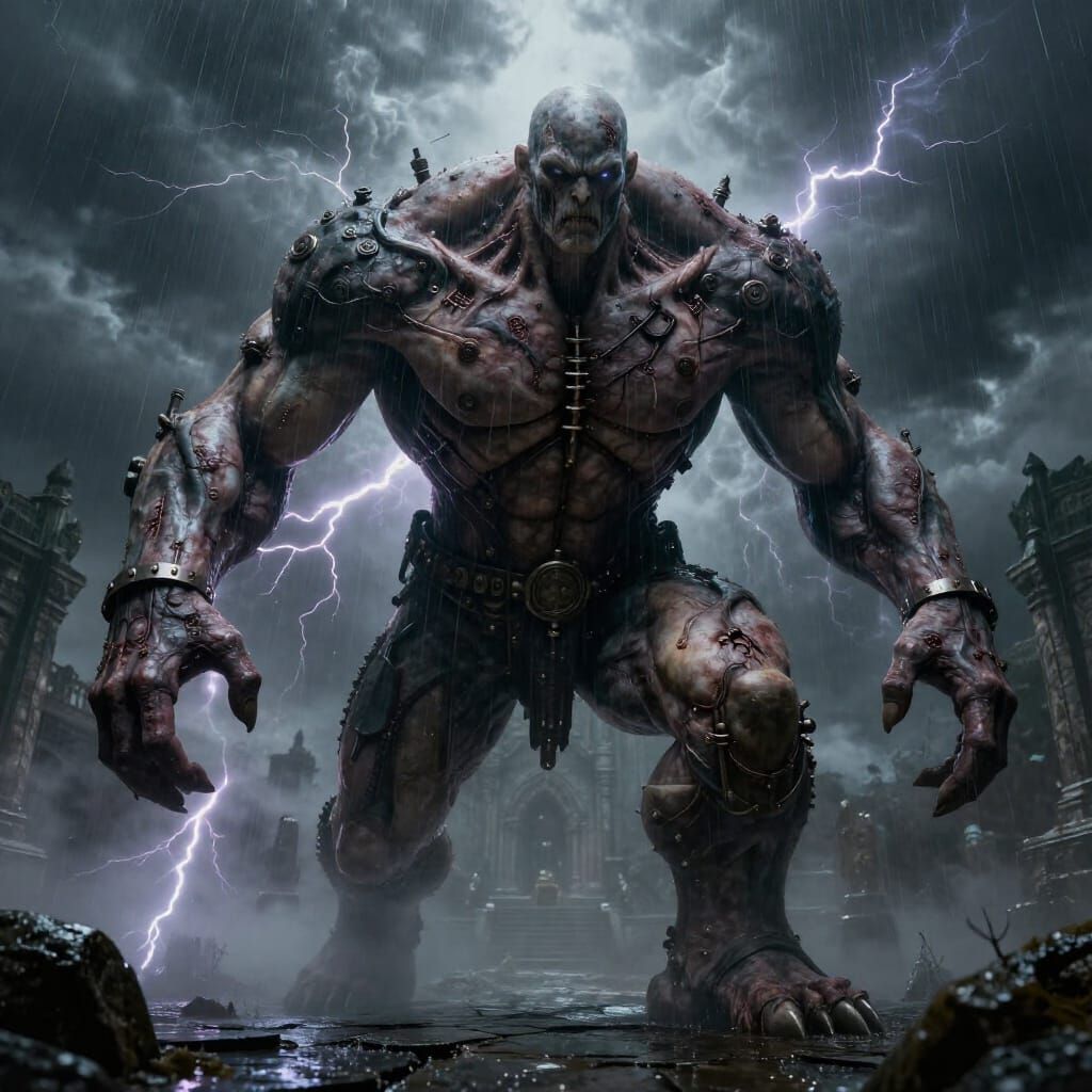 Colossal Reanimated Giant in Gothic Fantasy Courtyard