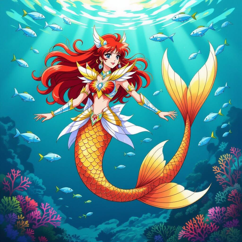 Mermaid Warrior in Orange Tail, Dynamic Aquatic Art
