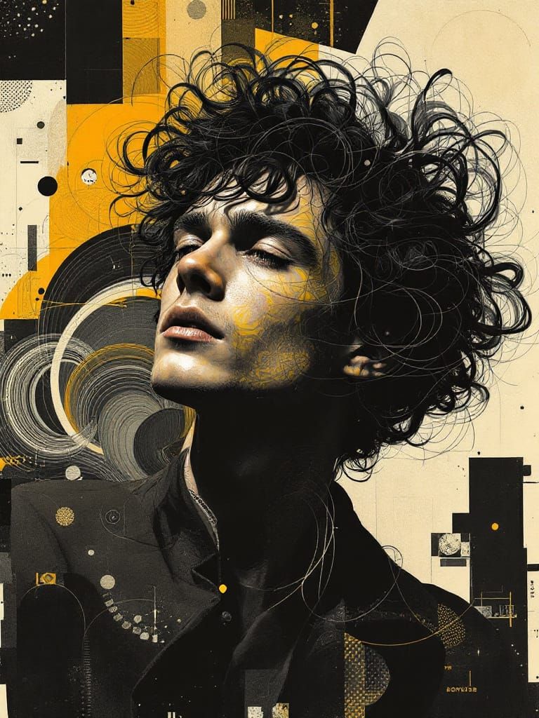 Portrait with Swirling Hair in Geometric Collage Style