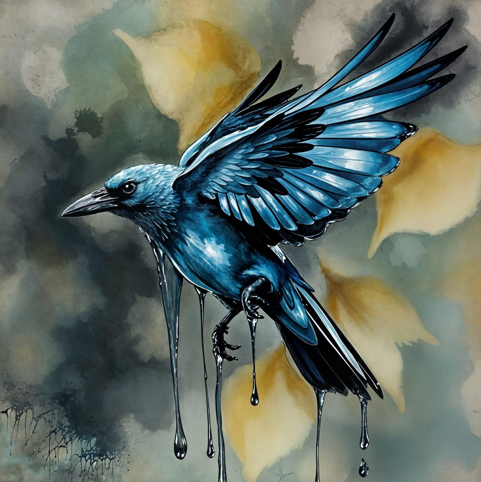 Liquid Ink Crow in Surreal Blue and Teal