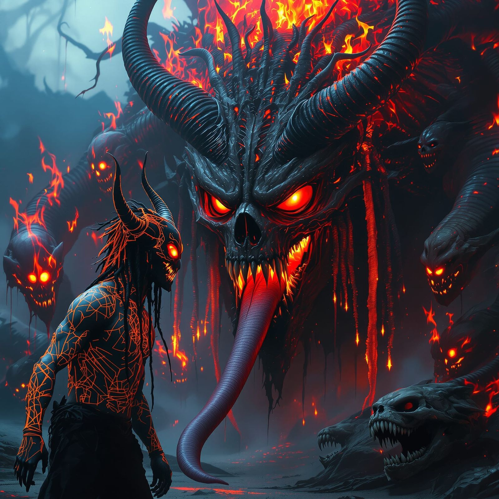 Demonic Anubis and Dragon in Eerie Cinematic Scene