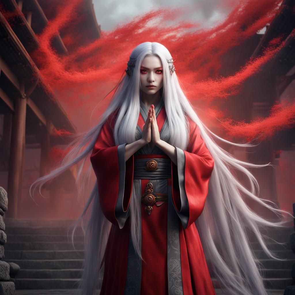 Japanese Sorceress with Red Mist Powers, Digital Art