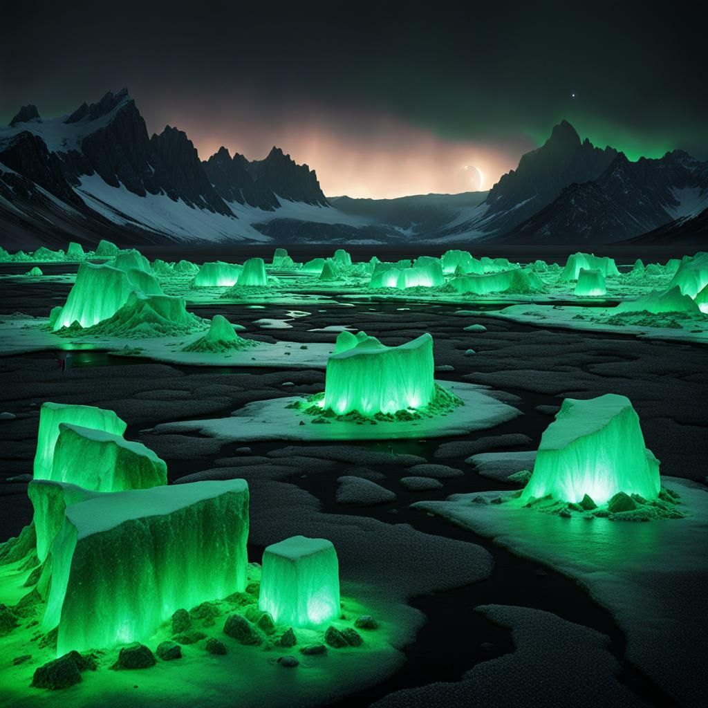 Glowing Green Ice World Under Black Sky