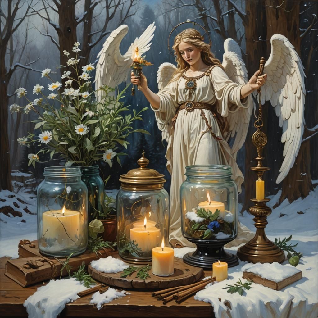 Dreamcatcher, jar of herbs, jar of snow, candle, wand, Angel statue,