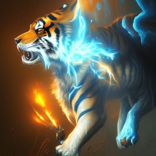 Tiger Wolf with Lightning Wings, Dark Fantasy Art