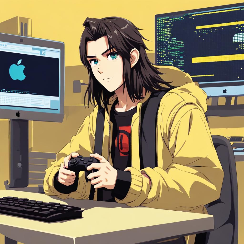 Pixel Art Programmer with Game Controller and Macbook