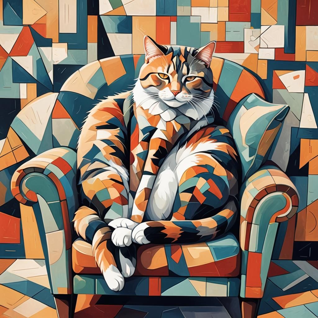 Cute Cat Sleeping: Cubist Art Deco Painting