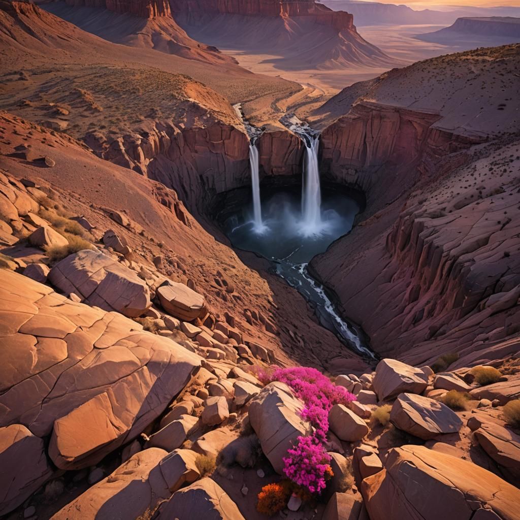 Dramatic Desert Sunset Waterfall Landscape in Golden Light