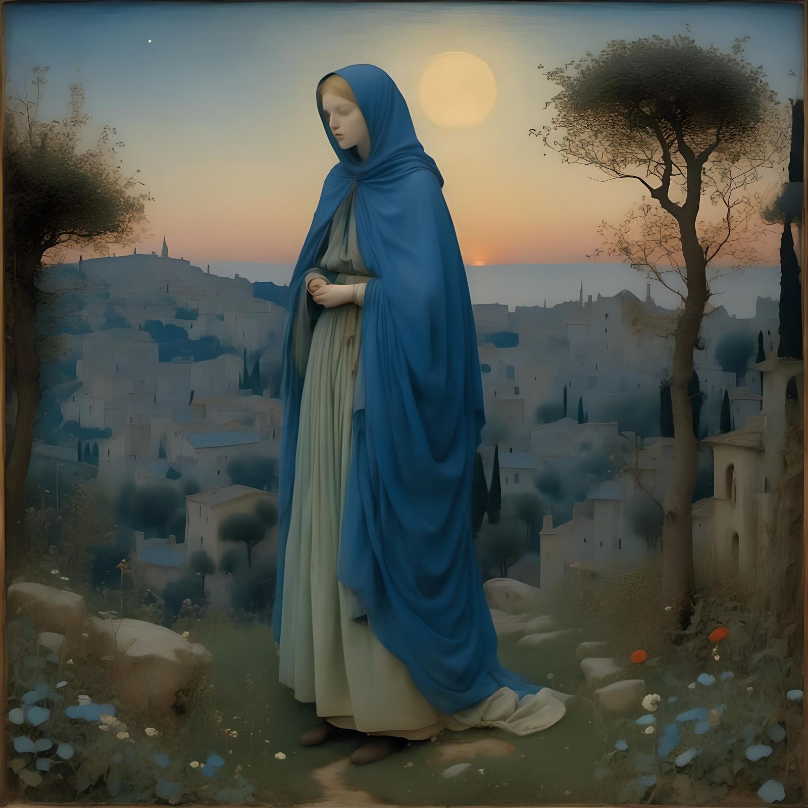 Bioluminescent Medieval Scene in Indigo Twilight