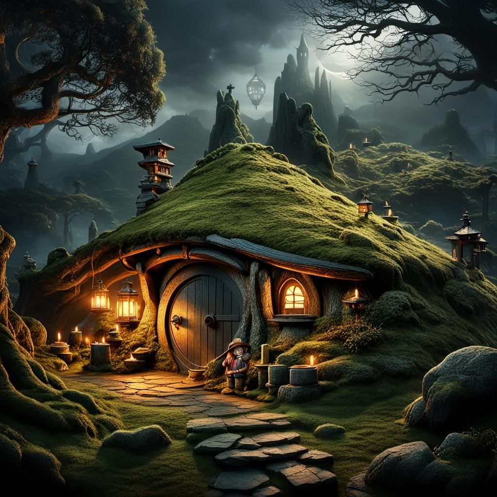 Hobbits and Gandalf at Hobbit Hole in Fantasy Art